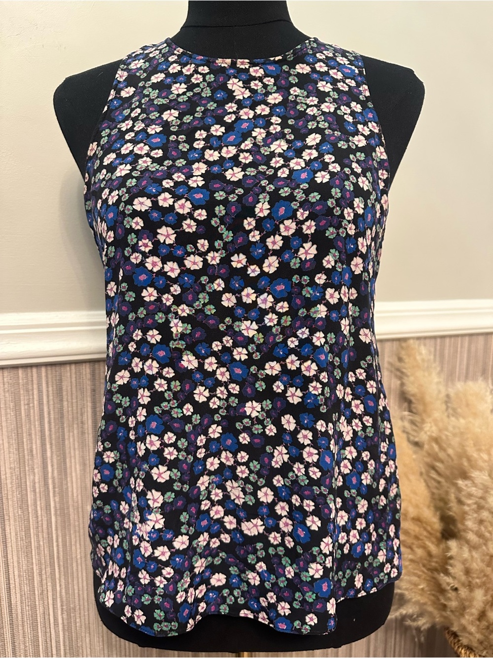 Rebecca Taylor 100% Silk Floral Sleeveless Blouse Top Black Blue Size 2